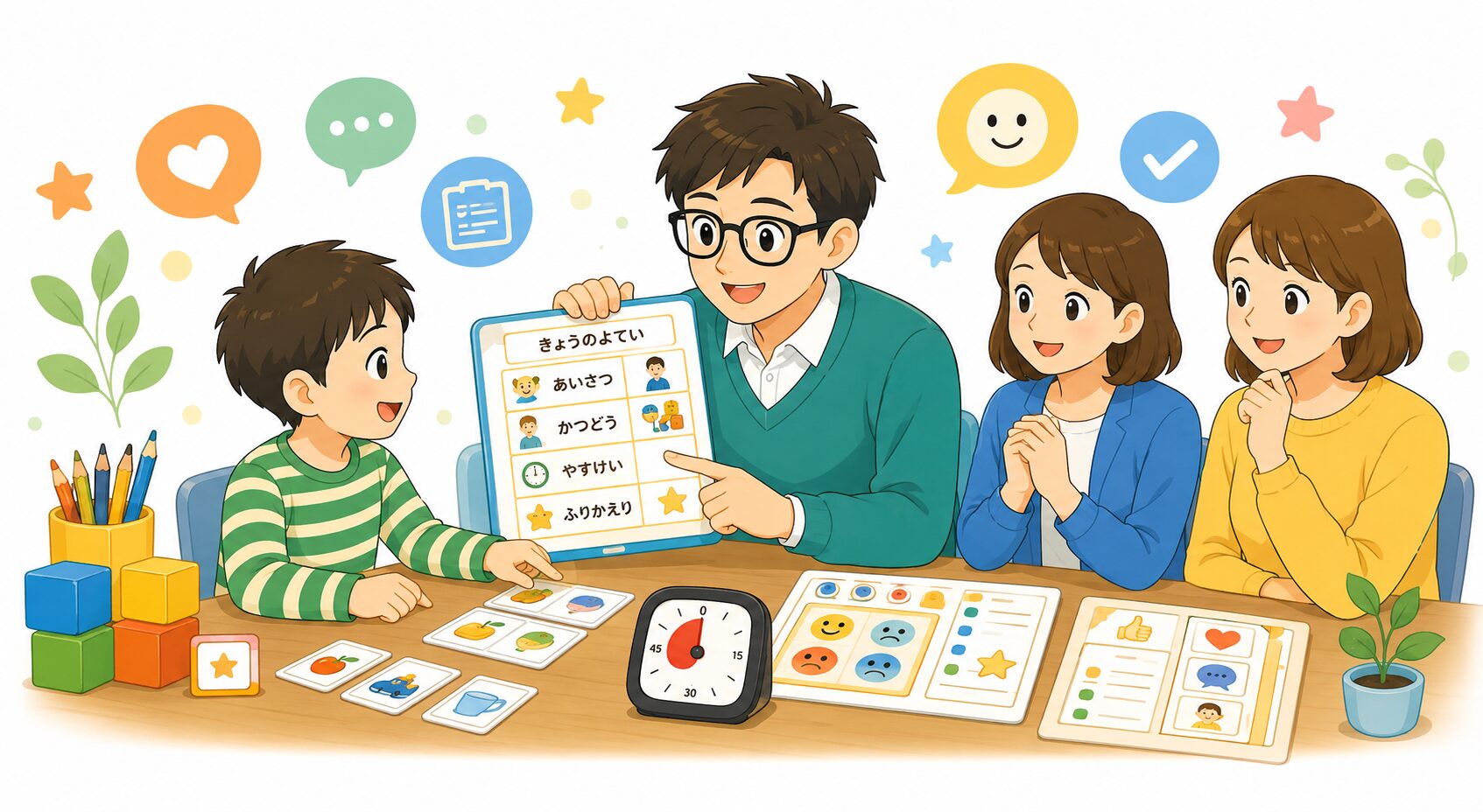 ヒコ先生と子どもたち・保護者が一緒に学んでいるイラスト