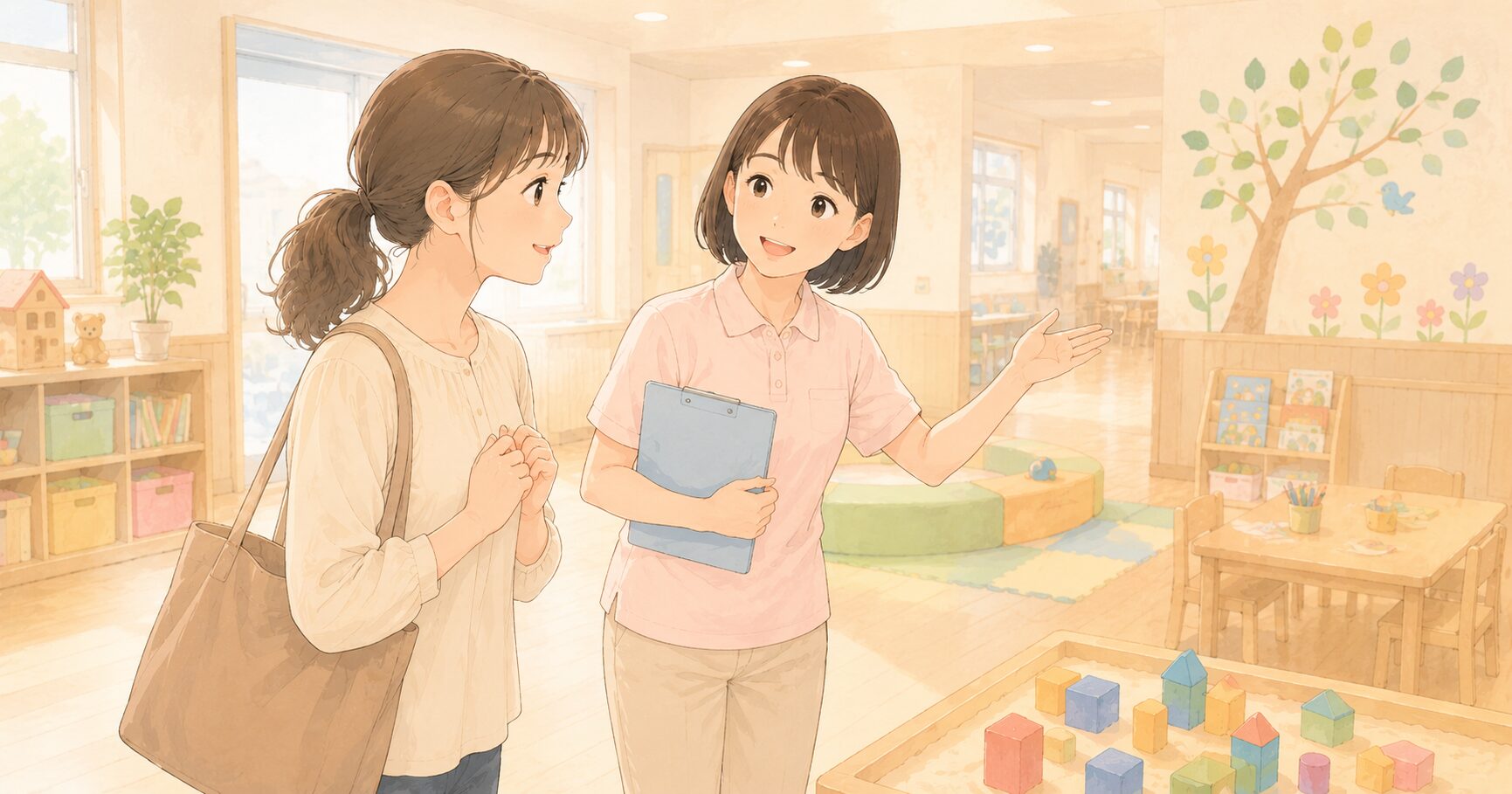 施設見学をする保護者のイラスト