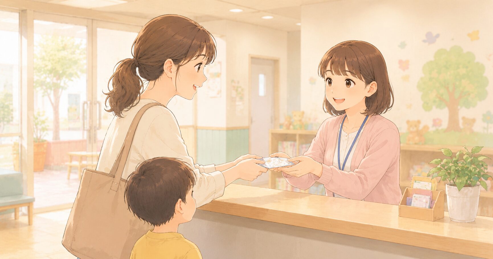 受給者証を提示する保護者のイラスト