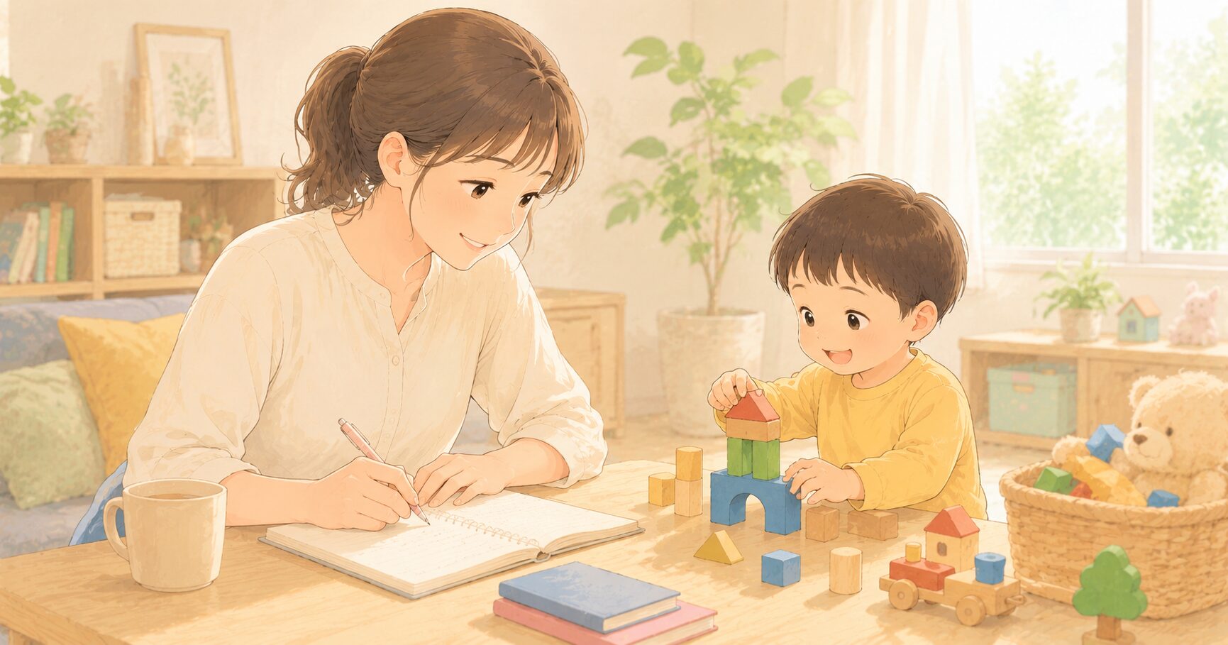 ノートにメモする母親のイラスト