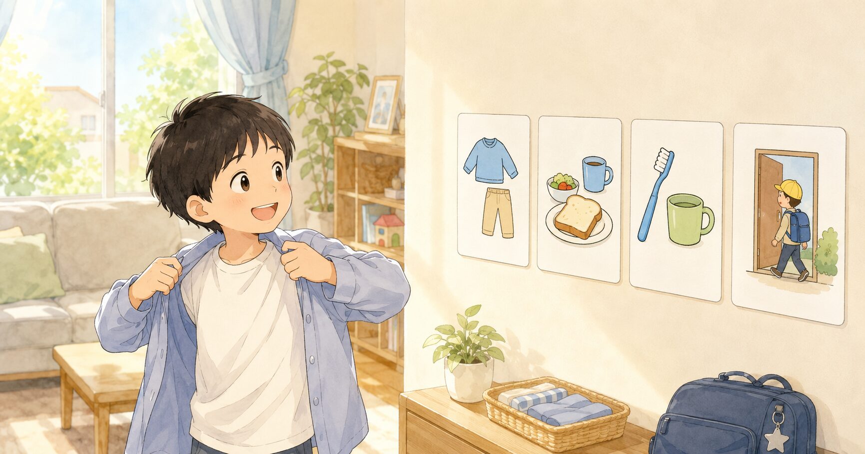 朝のルーティン絵カードを使って準備をする子ども