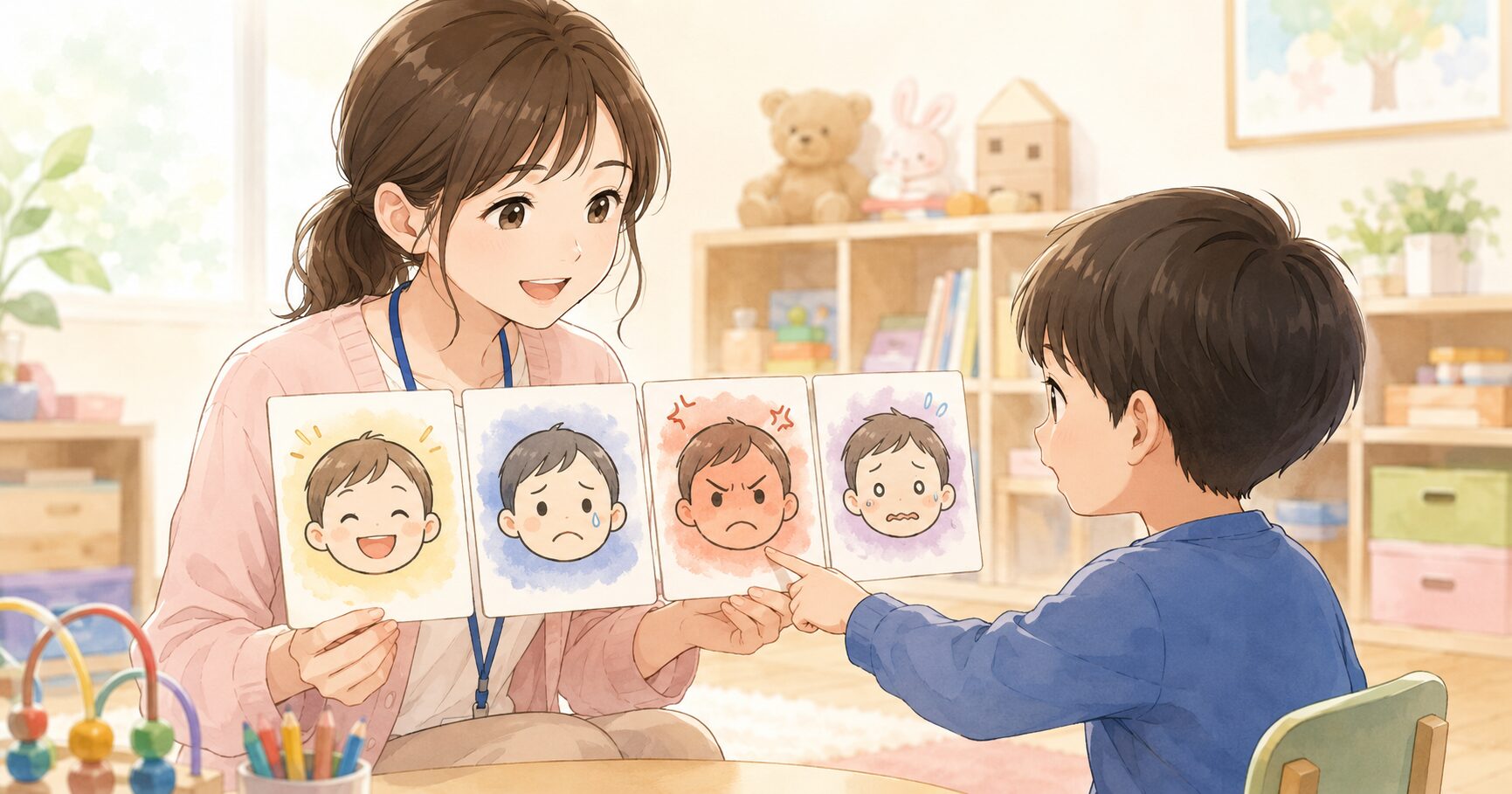 支援者が子どもに感情カードを見せている場面