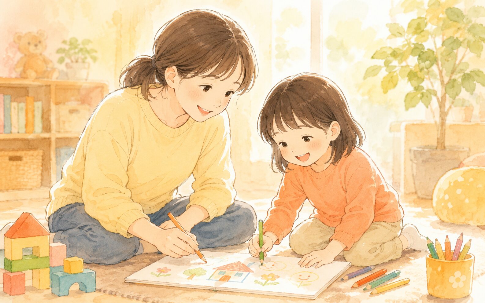 大人と子どもが一緒に取り組む温かい関わりのイラスト