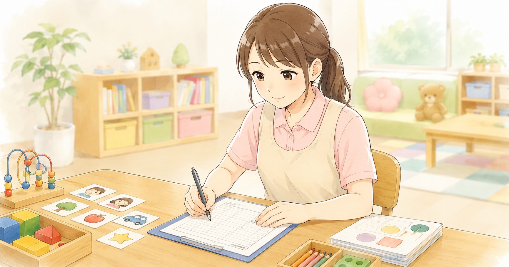 保護者と担任が連絡帳を見て話すイラスト