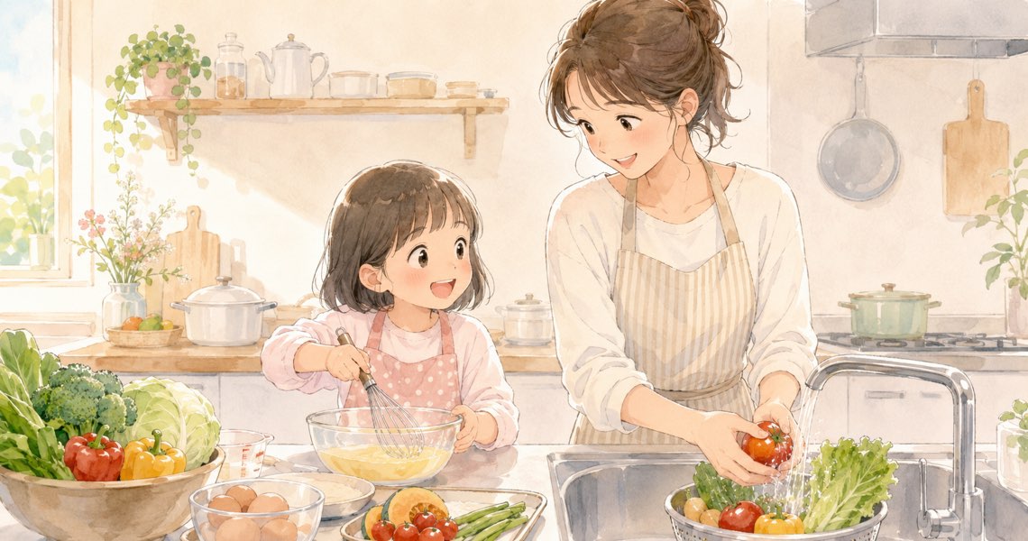 台所で親子が一緒に野菜を洗ったり調理をしている様子
