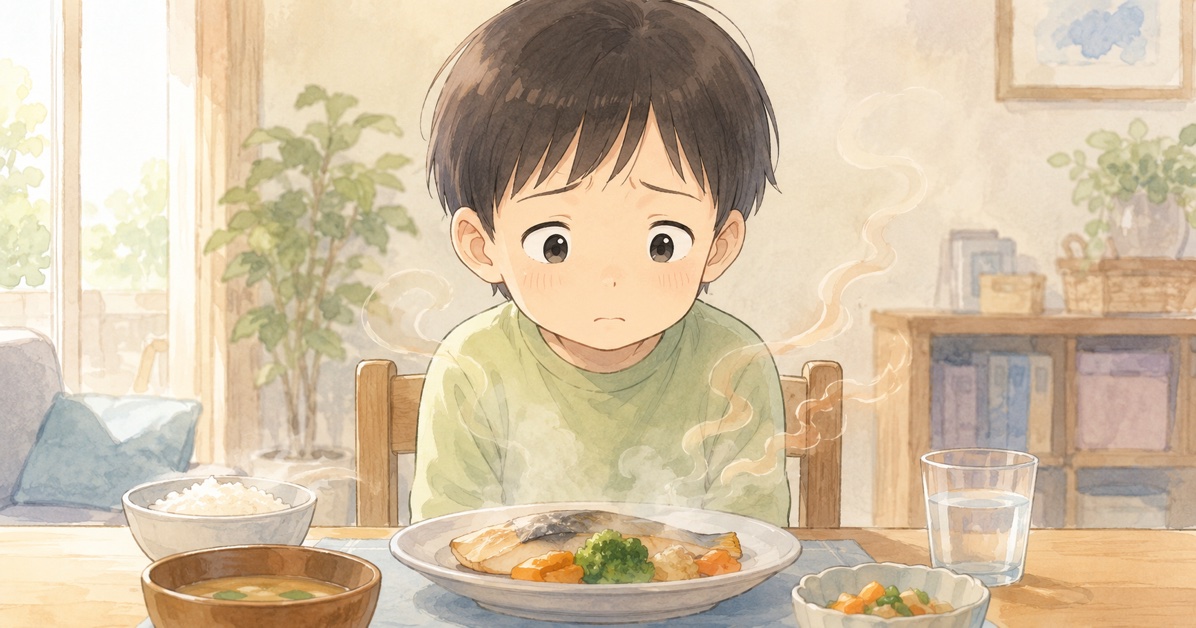 食卓の前でお皿をじっと見つめて戸惑う子ども