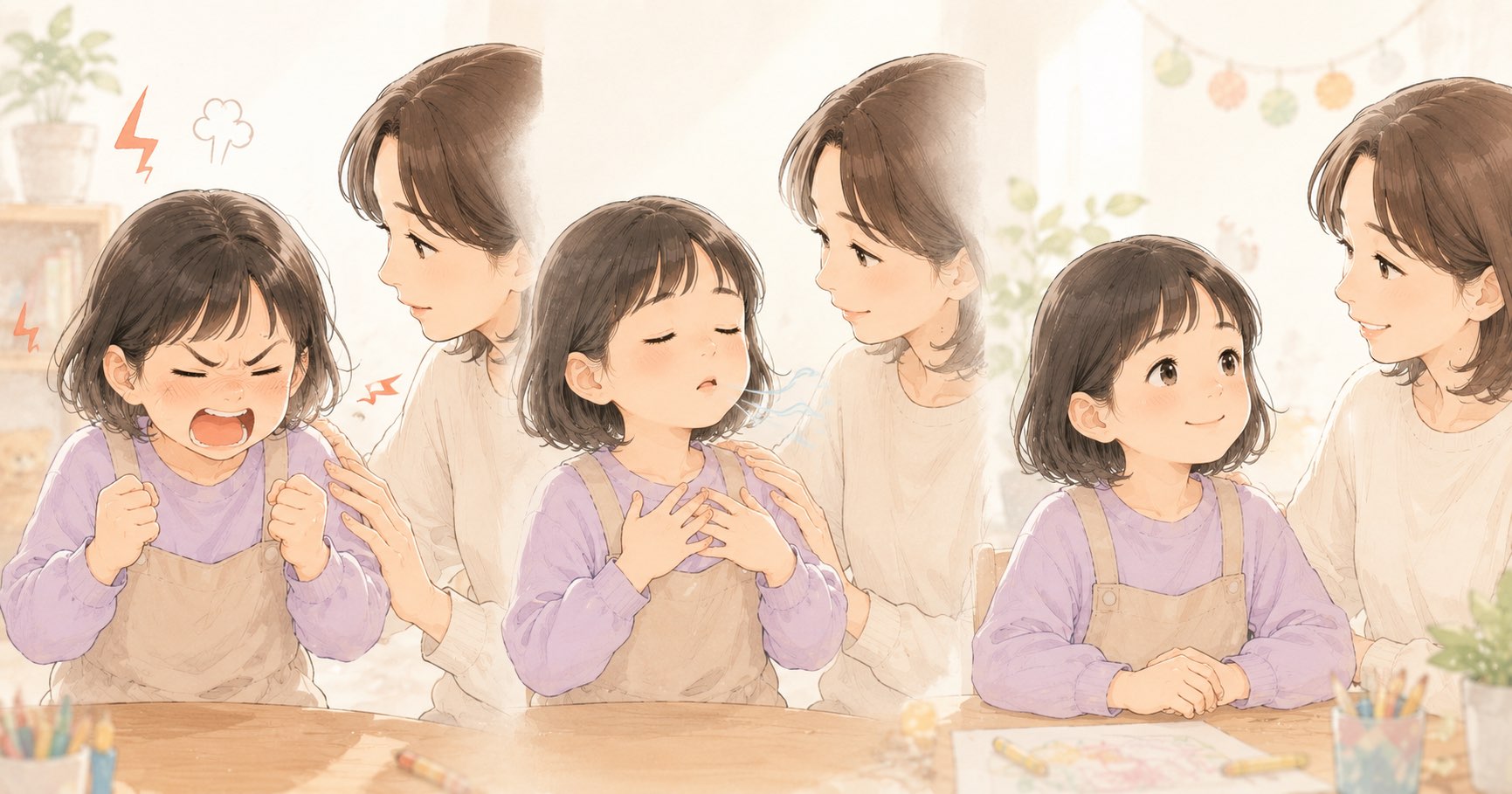 怒りを感じてから深呼吸で気持ちを落ち着かせる子どもの様子