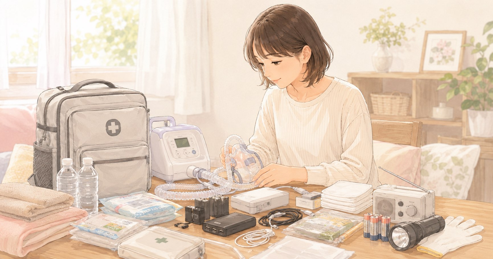 人工呼吸器と防災グッズを自宅で準備する様子