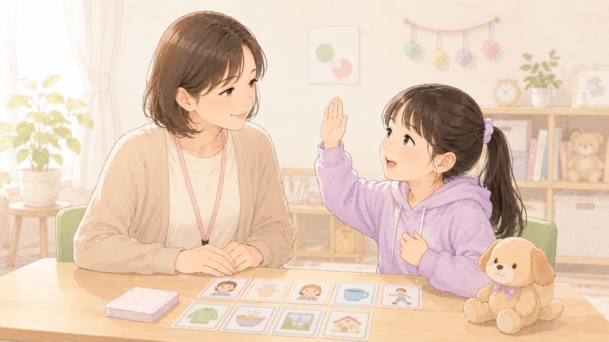絵カードを使って会話の練習をする子ども