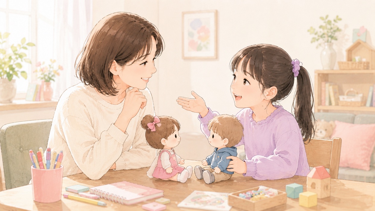 人形を使って友達への声かけをロールプレイ練習する親子