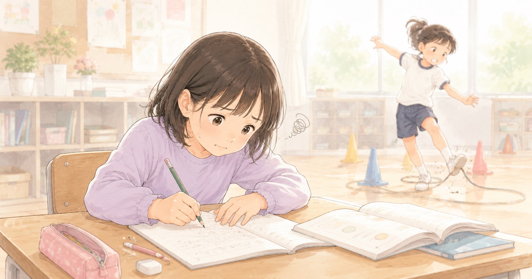 文字を書くのに苦労する子どもと縄跳びで体を動かす子ども