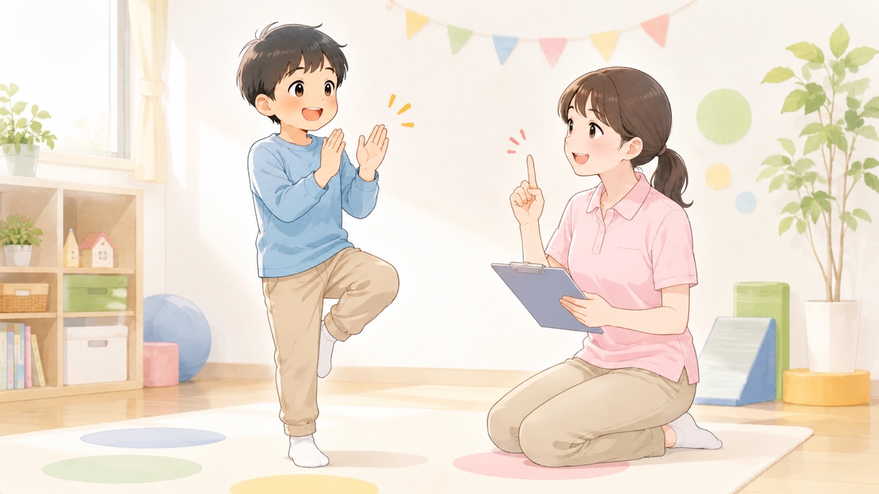 手を叩きながら片足立ちでデュアルタスクに挑戦する子ども