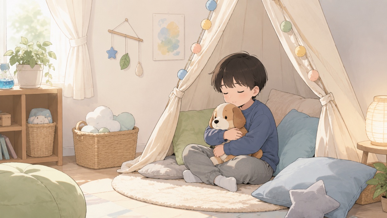 クールダウンコーナーでぬいぐるみを抱いて落ち着く子ども
