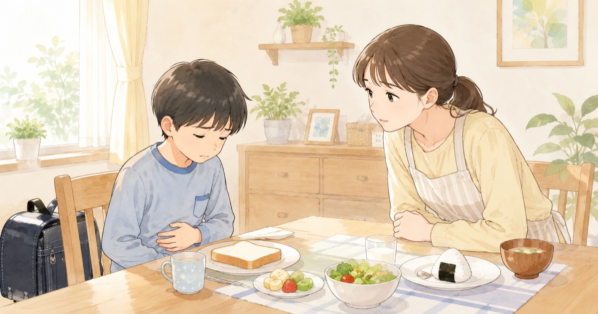朝食に手をつけられずお腹を押さえてうつむく子どもと、心配そうに見守る母親