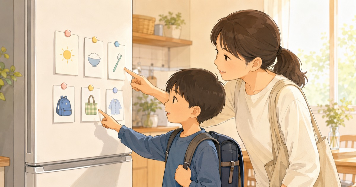冷蔵庫に貼った準備カードを親子で指さして確認している場面