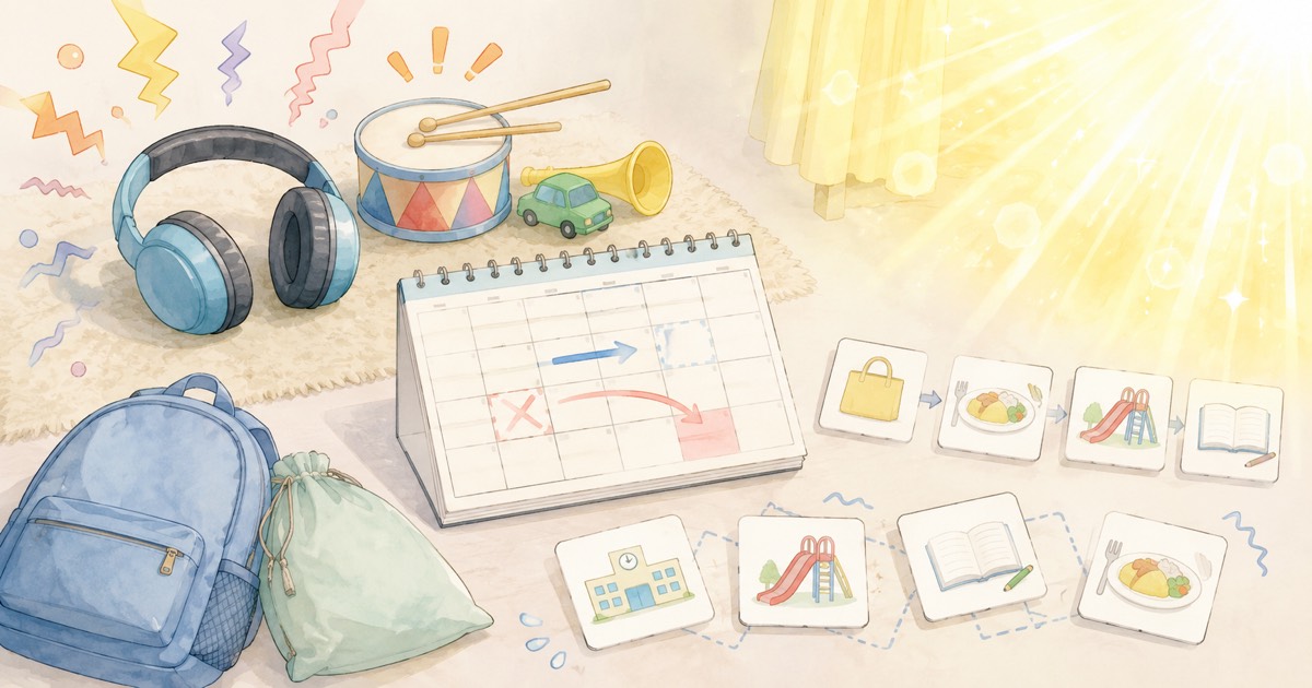 騒がしい音や予定の変更など子どもが混乱する理由をあらわしたイラスト
