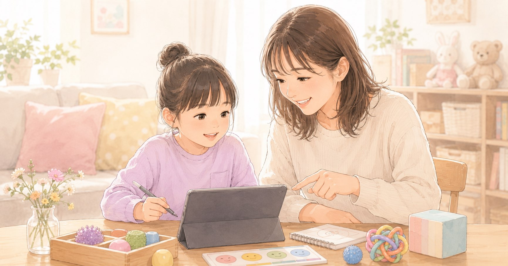 リビングで親子一緒にタブレットの療育ツールに取り組む様子