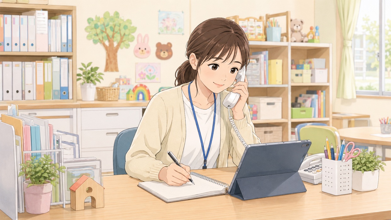 欠席の連絡を受けながら記録をつける支援者