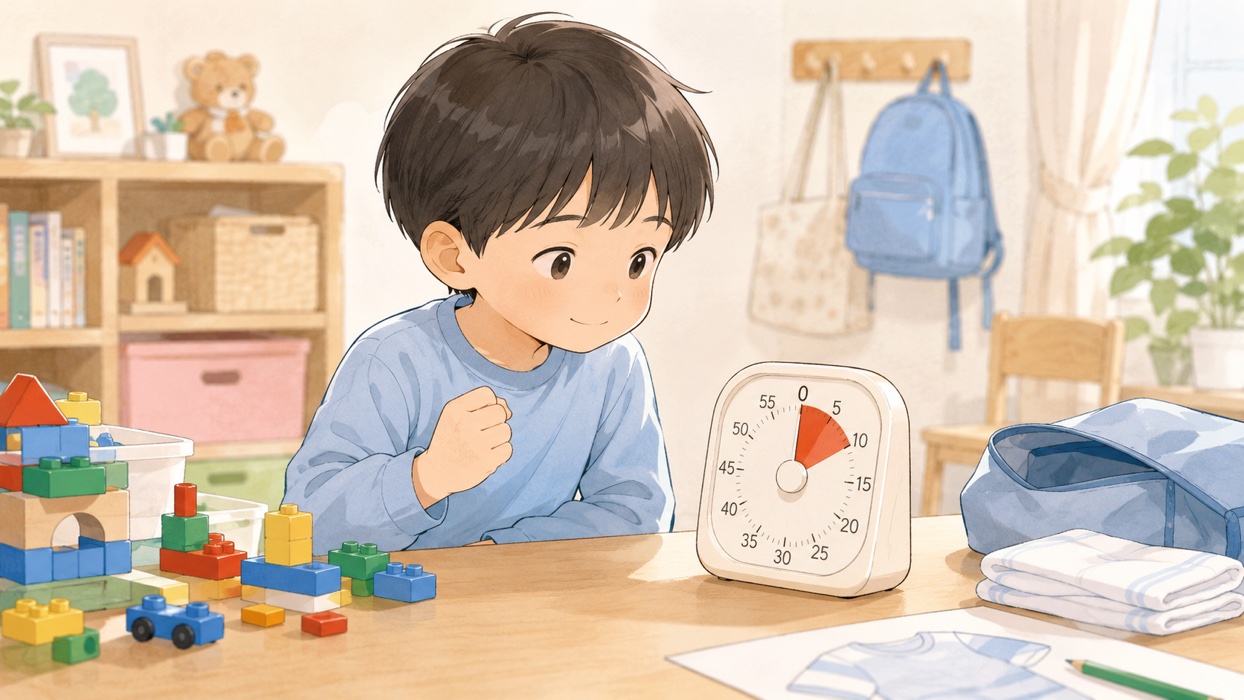 アナログタイマーを見て気持ちを切り替える準備をする子ども