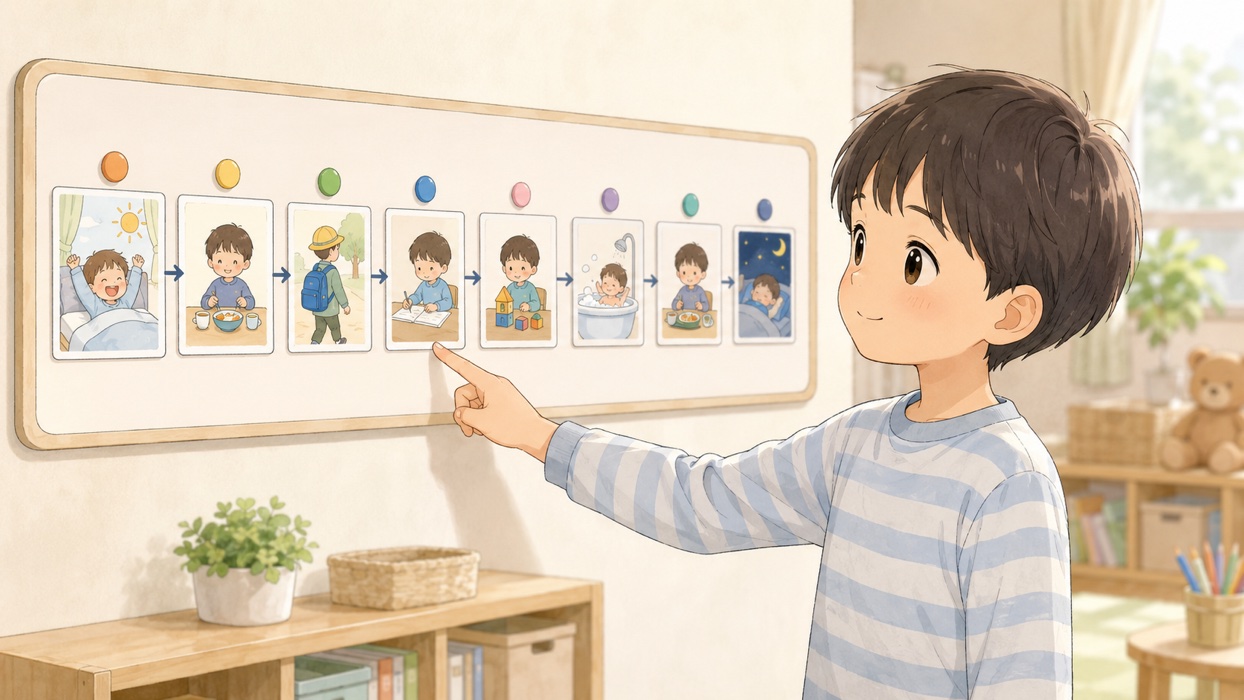 絵カードのスケジュール表を指でなぞって確認する子ども