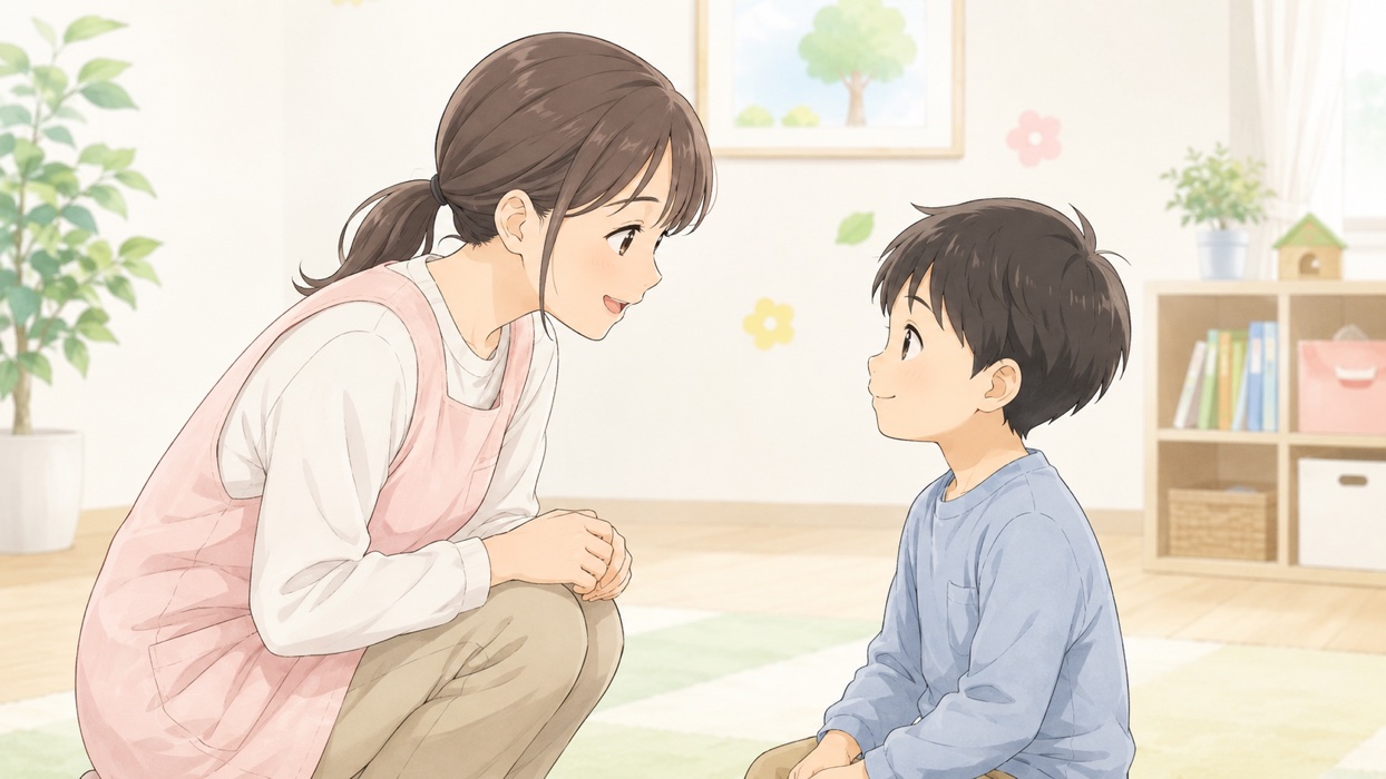 目線を合わせてやさしく声をかける支援者