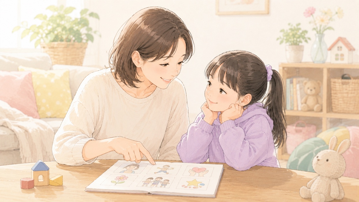 絵の描かれた紙を見せながら特性をやさしく伝える保護者