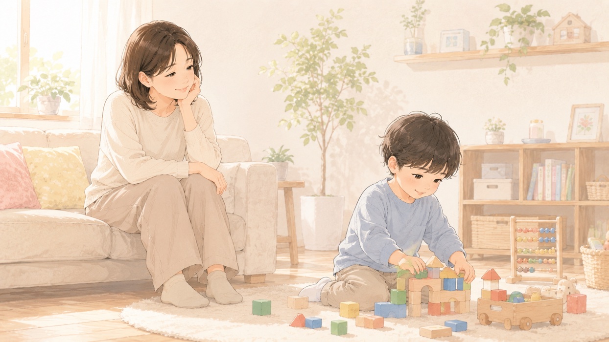 遊んでいる子どもの様子をやさしく見つめる保護者