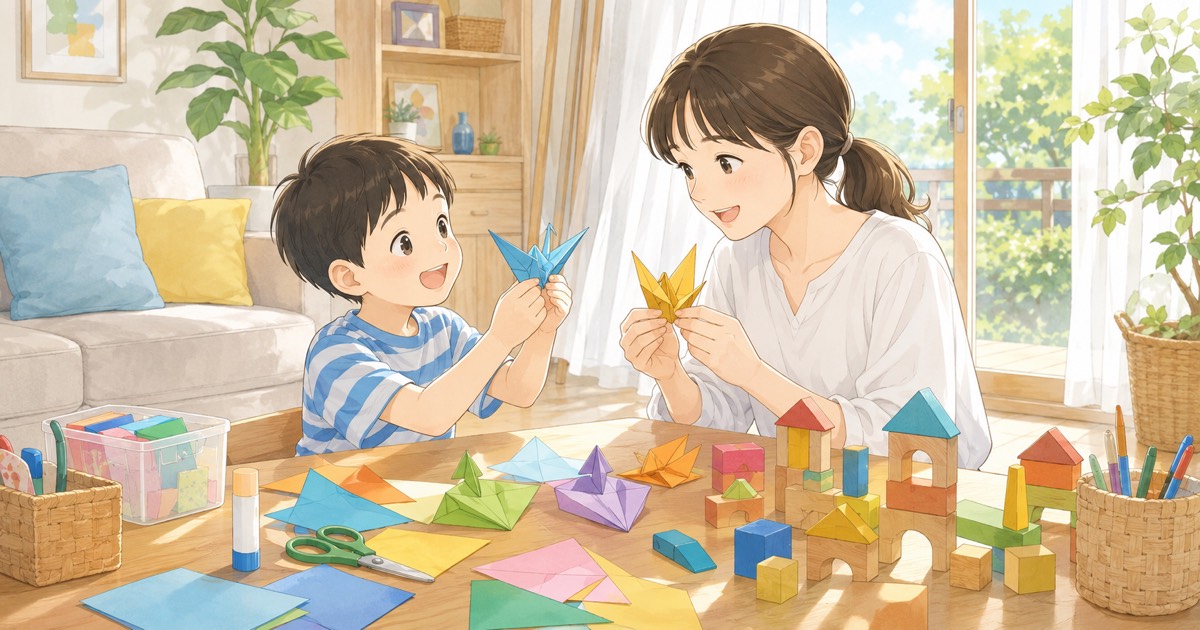 折り紙やブロックで親子で室内遊びを楽しむ様子