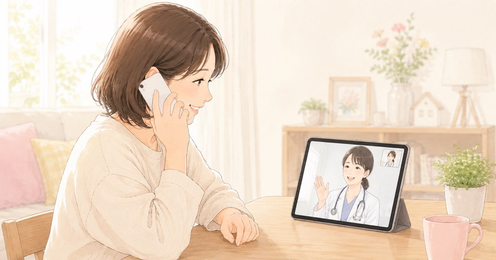 タブレットとスマートフォンでオンライン診療を受ける様子