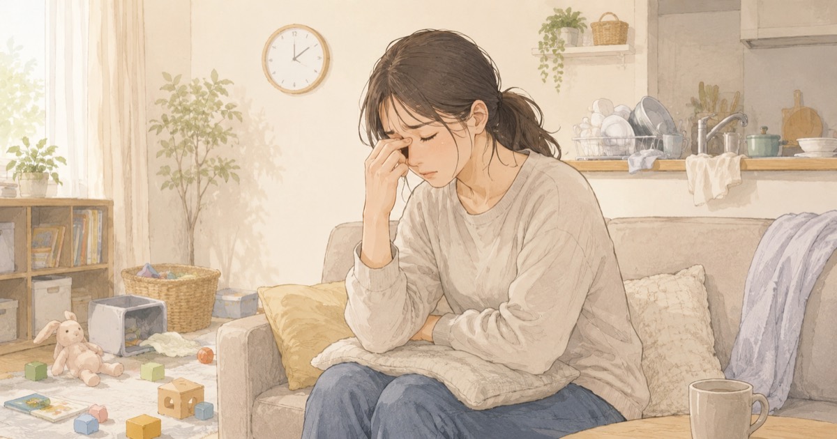 散らかった部屋のソファで眉間を押さえ、疲れ切った様子の母親