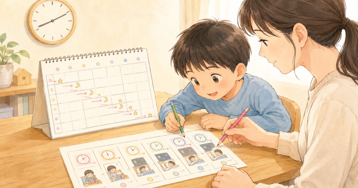 カレンダーと就寝時間表に、少しずつ早い時刻を書き込む親子の手元