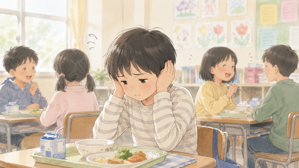 給食の音がつらくて耳をふさぐ子ども