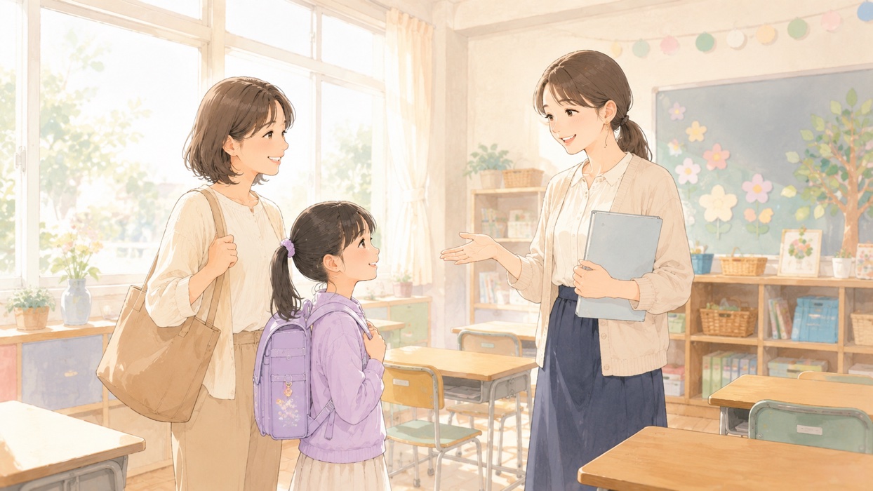 学校見学で先生と話す親子