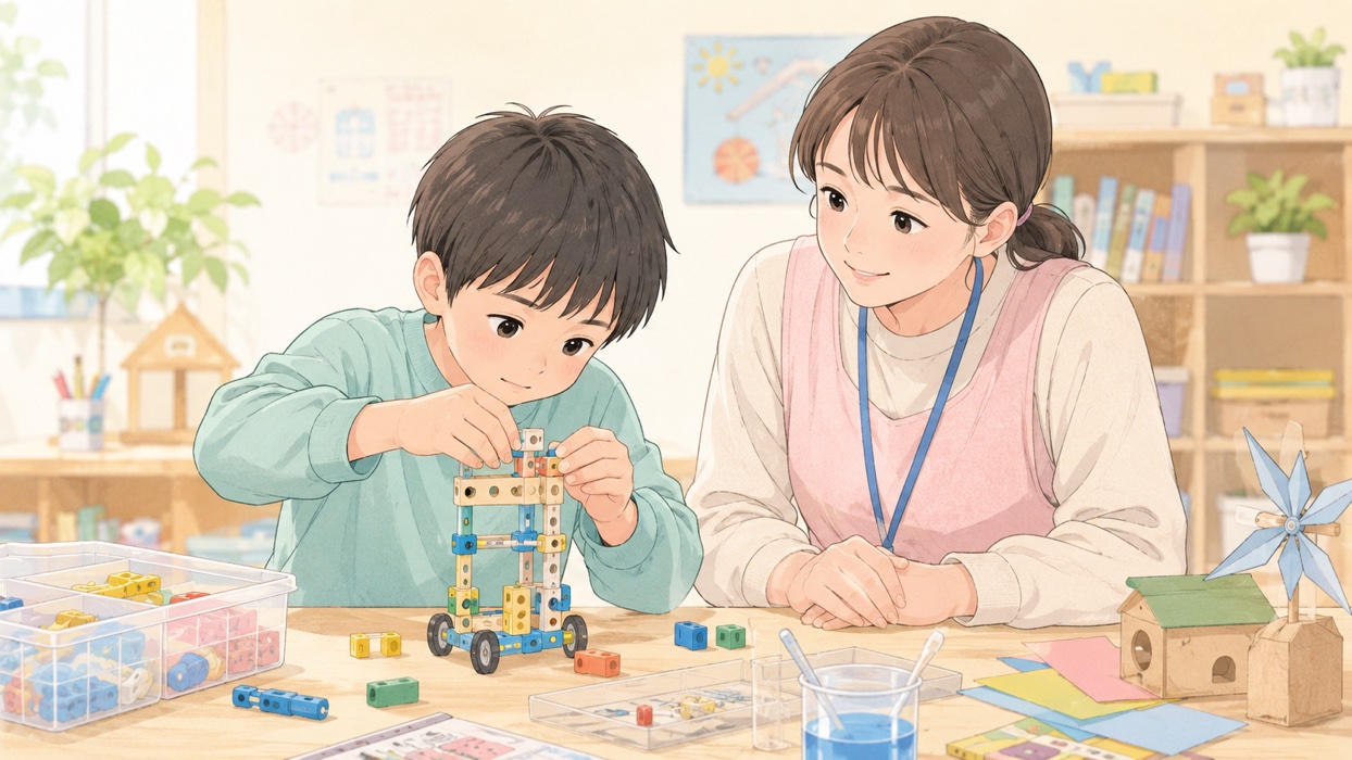 ブロック工作に夢中で取り組む子どもと見守る支援者