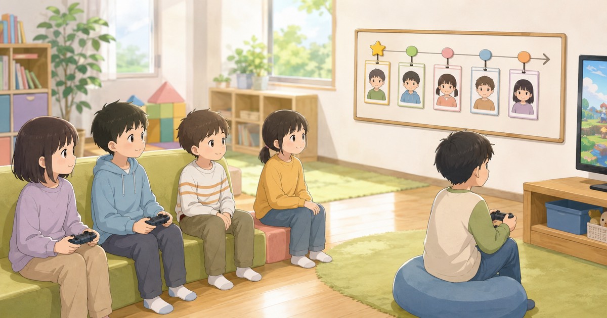 順番表を見ながらゲームの順番を待つ子どもたち