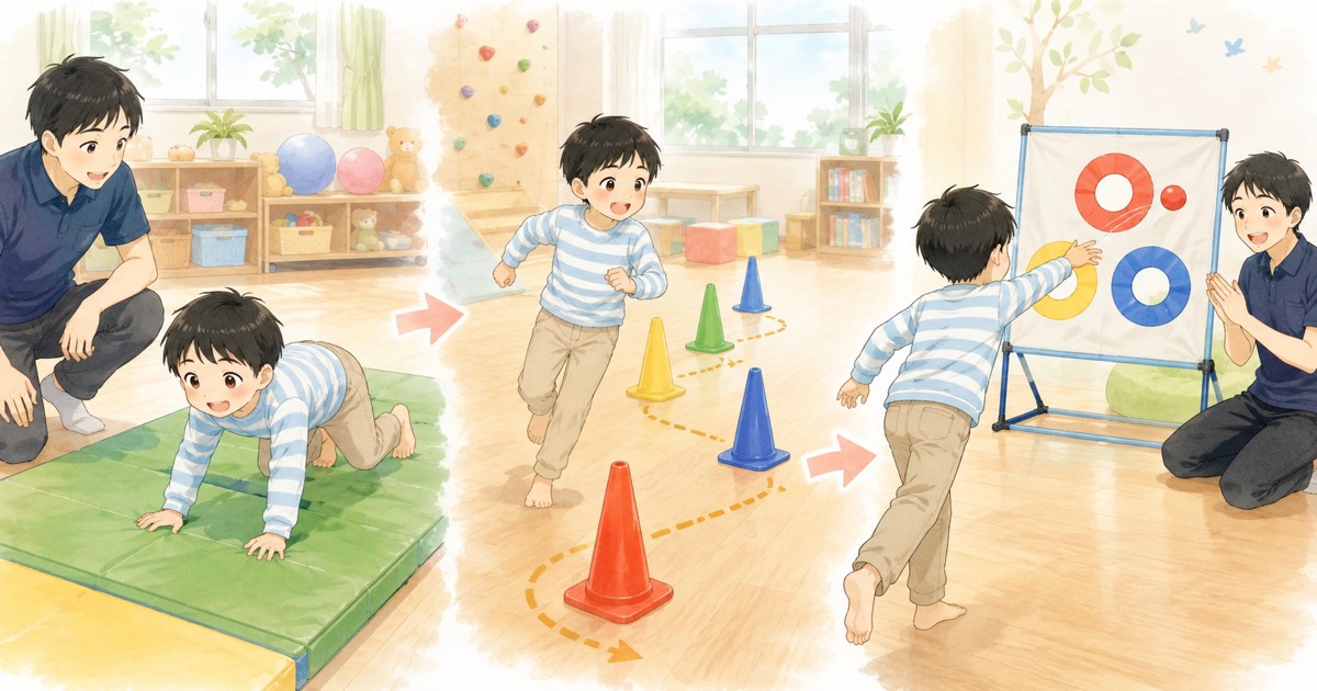 マットとコーンと的当てのミニサーキットで体を動かす子ども